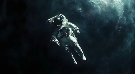 Fototapeta premium An astronaut floats in space, with Earth visible behind him. He is wearing a space suit. There are many stars around him, and 5K realistic science fiction, 3D sci-fi art