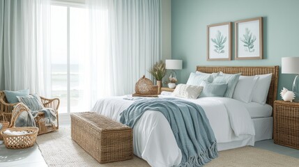 Coastal-style bedroom with light teal walls, white bedding, and beachy decor