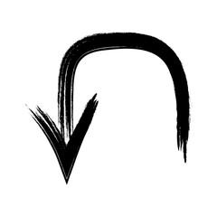 Hand drawn black grunge u turn down arrow, bold brush stroke. Modern graffiti design element