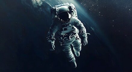 Fototapeta premium An astronaut floats in space, with Earth visible behind him. He is wearing a space suit. There are many stars around him, and 5K realistic science fiction, 3D sci-fi art