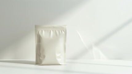A plain, unbranded package stands upright against a softly lit, monochromatic backdrop, casting gentle shadows on a smooth surface, emphasizing simplicity