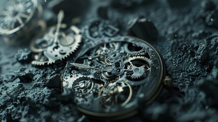 Intricate dismantled mechanical watch with detailed gears and springs on dark background, symbolizing precision and complexity in teardown analysis.