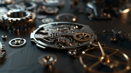 Intricate dismantled mechanical watch with detailed gears and springs on dark background, symbolizing precision and complexity in teardown analysis.