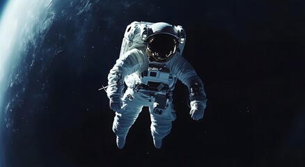 An astronaut floats in space, with Earth visible behind him. He is wearing a space suit. There are many stars around him, and 5K realistic science fiction, 3D sci-fi art