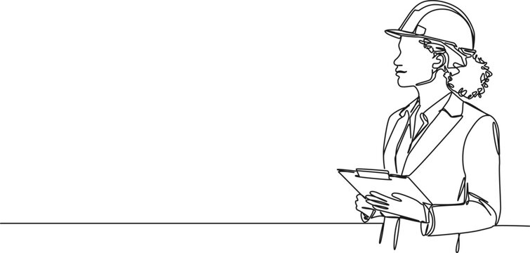 continuous single line drawing of female civil engineer or architect with hard helmet and clipboard, line art vector illustration