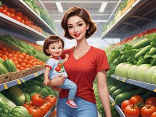 flat illustration, a young mother with a child goes shopping for groceries in the vegetable department of the supermarket ,AI generated