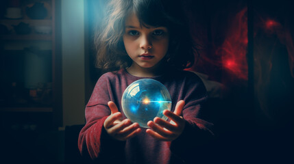 Mädchen blickt staunend auf leuchtende Glaskugel in ihren Händen. Illustration