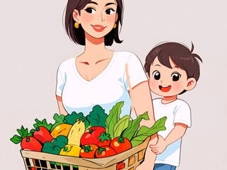 flat illustration, a young mother with a child goes shopping for groceries in the vegetable department of the supermarket ,AI generated