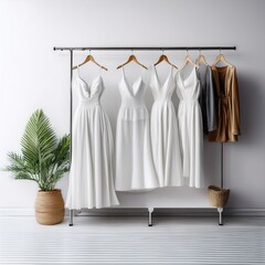 white trendy closet, bright Fashion clothes on white wall background. Many white dresses hanging on the rail ready for shopping 