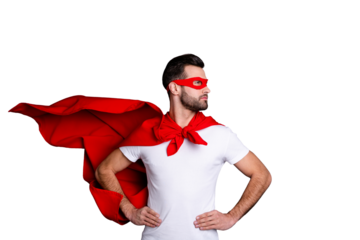 Portrait of his he nice-looking attractive content macho candid virile bearded guy looking aside ready to rescue isolated over gray pastel background