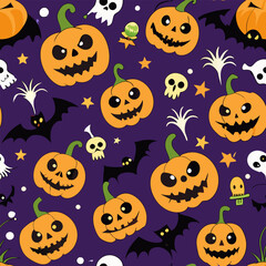 Playful Halloween pattern with smiling jack-o'-lanterns, bats, and skulls on a dark purple background. Great for seasonal projects. Vector illustration