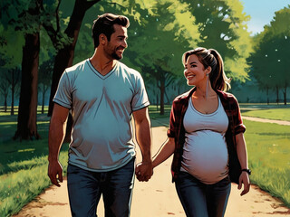 Obraz premium flat illustration, beautiful dad of pregnant wife and husband walking through the park in summer spring ,AI generated 