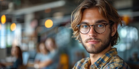 Obraz premium A young man with glasses and a plaid shirt is looking directly at the camera in a modern, well-lit office environment with blurred colleagues in the background