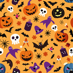 Seamless Halloween pattern featuring black pumpkins, bats, and spooky elements on an orange background. Vector illustration EPS 10