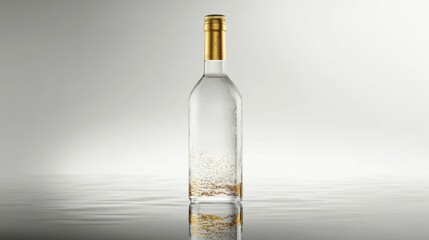 Fototapeta premium A bottle of premium vodka with gold accents, standing upright on a reflective white surface.