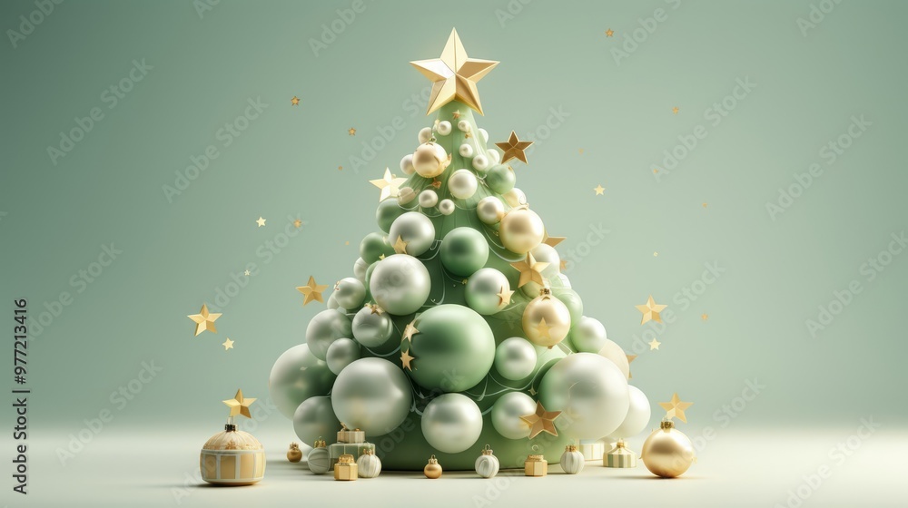 Poster 3d christmas tree with a star on top and many balls on the branches. the tree is surrounded by many 