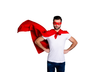 Portrait of his he nice-looking attractive content macho virile candid calm perfect bearded guy hands on hips ready to rescue work isolated over gray pastel background