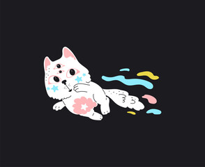 Cute white cat astronaut with eyes on forehead flying in space, vector cartoon funny kitten cosmonaut fantasy adventure