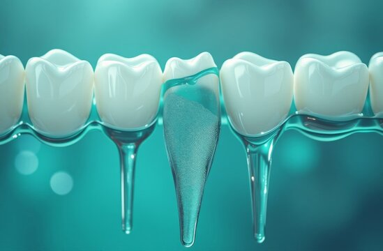 Fluoridation background: An image of the process of fluoridation of teeth, which strengthens tooth enamel. The color palette includes shades of blue, green and white, creating a sense of strength and 