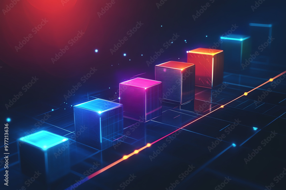 Poster colorful glowing cubes on a digital graph represent data growth, innovation, and technology in a mod