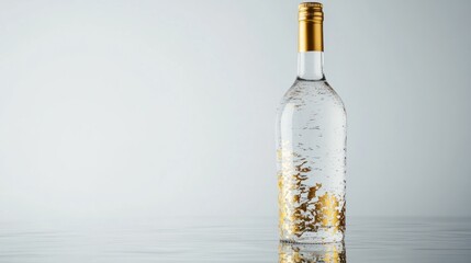 Fototapeta premium A bottle of premium vodka with gold accents, standing upright on a reflective white surface.