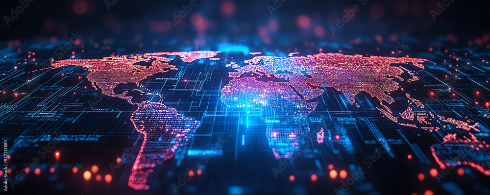 Poster digital representation of a glowing world map with vibrant neon colors and data connections illumina