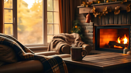 Cozy living room with a warm fire and autumn decorations in the afternoon