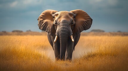 Obraz premium A majestic African elephant is depicted in the savanna landscape, showcasing its wrinkled skin and natural habitat, illuminated by warm tones under dramatic lighting.