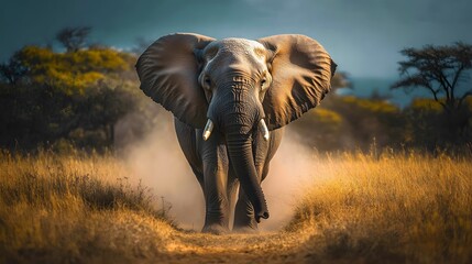 Fototapeta premium A majestic African elephant is depicted in the savanna landscape, showcasing its wrinkled skin and natural habitat, illuminated by warm tones under dramatic lighting.