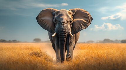 Fototapeta premium A majestic African elephant is depicted in the savanna landscape, showcasing its wrinkled skin and natural habitat, illuminated by warm tones under dramatic lighting.