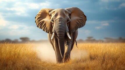 Fototapeta premium A majestic African elephant is depicted in the savanna landscape, showcasing its wrinkled skin and natural habitat, illuminated by warm tones under dramatic lighting.