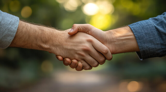 Two hands shaking in agreement, symbolizing trust, partnership, and collaboration in a serene outdoor setting.