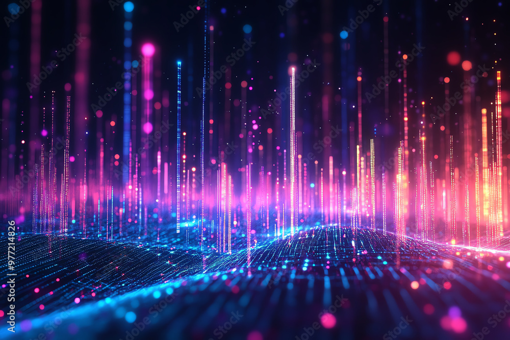 Poster vibrant digital landscape with glowing lines and colorful particles creating a futuristic atmosphere