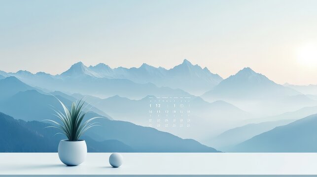 Mockup calendar 2025 with mountain peaks, misty mornings, elegant typography, nature-themed design