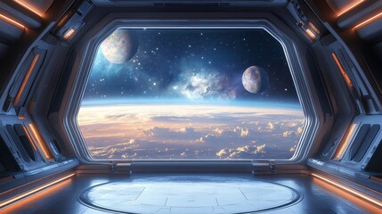 Modern podium in a space station, massive window overlooking a galaxy, distant planets