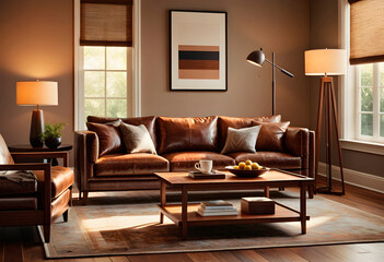 Luxury living room interior with brown leather sofa and coffee table. AI generated