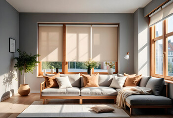 Interior of modern living room with white sofa, coffee table and window. 3d render. AI generated
