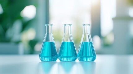 Three laboratory flasks containing bright blue liquid are arranged on a table in a contemporary workspace.