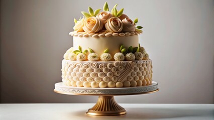 Sculptural masterpiece, intricately detailed marzipan outer layer encases a delicate, layered cake, standing proudly on a clean white canvas, celebrating the art of pastry-making.