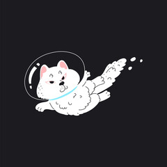 Cute fluffy white cat astronaut with spacesuit helmet soaring in space, vector cartoon funny fantasy kitten cosmonaut