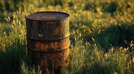 Obraz premium A beautifully lit, ultra-realistic image of a weathered, rusted 55-gallon oil drum in a rugged outdoor environment
