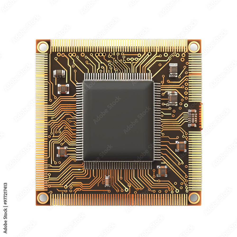 Poster computer processor chip with a complex network of electronic circuitry is laying on a white backgrou