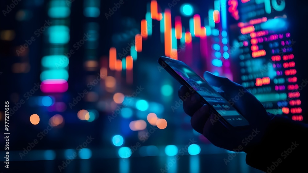 Poster a close-up of a person holding a smartphone with colorful financial graphs and data in the backgroun