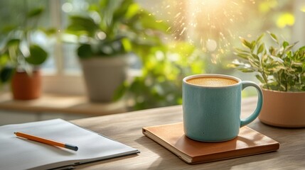 Warm creative home office, coffee mug on a vintage desk, large indoor plants and abstract art