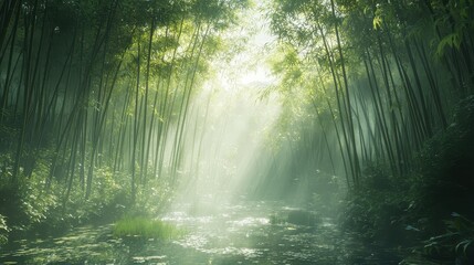 Fototapeta premium Podium amidst tall bamboo stalks, sunlight filtering through, tranquil scene