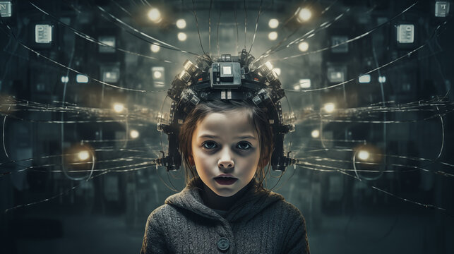 Kind mit technischem Helm auf dem Kopf  in einem Netzwerk aus visualisierten Gedankenstr&ouml;men und Lichtern. Konzept: Gedankenprogrammierung / Mind Control. Illustration