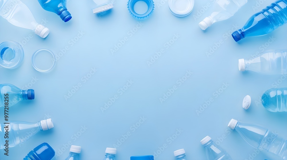 Poster a collection of various blue plastic bottles arranged in a circular pattern on a light blue backgrou