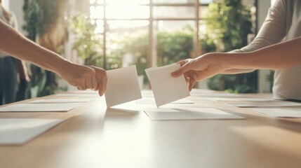A dynamic close-up shot of hands in motion casting ballots in multiple boxes