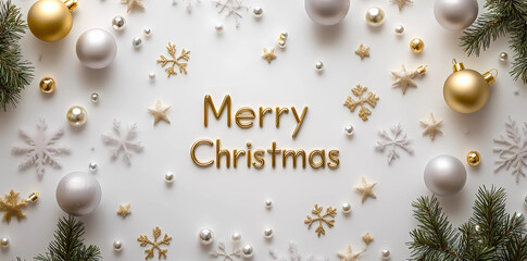 Fototapeta premium A festive Christmas card design with golden and silver ornaments, including snowflakes, pearls, and beads, with the text 