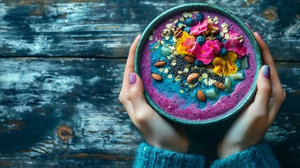 A colorful smoothie bowl topped with flowers, nuts, and berries, held by hands, perfect for a healthy breakfast or snack.